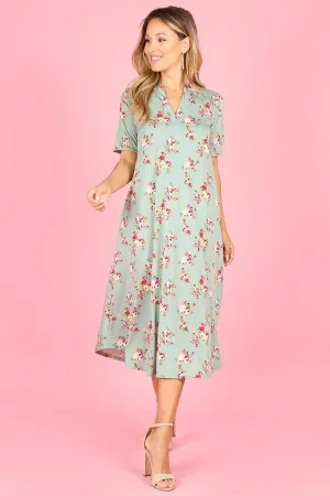 1077 A-line dress, mandarin collar, v-neck, short sleeve, pockets.
