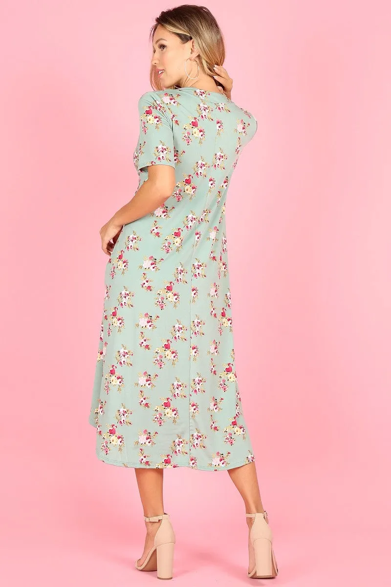 1077 A-line dress, mandarin collar, v-neck, short sleeve, pockets.
