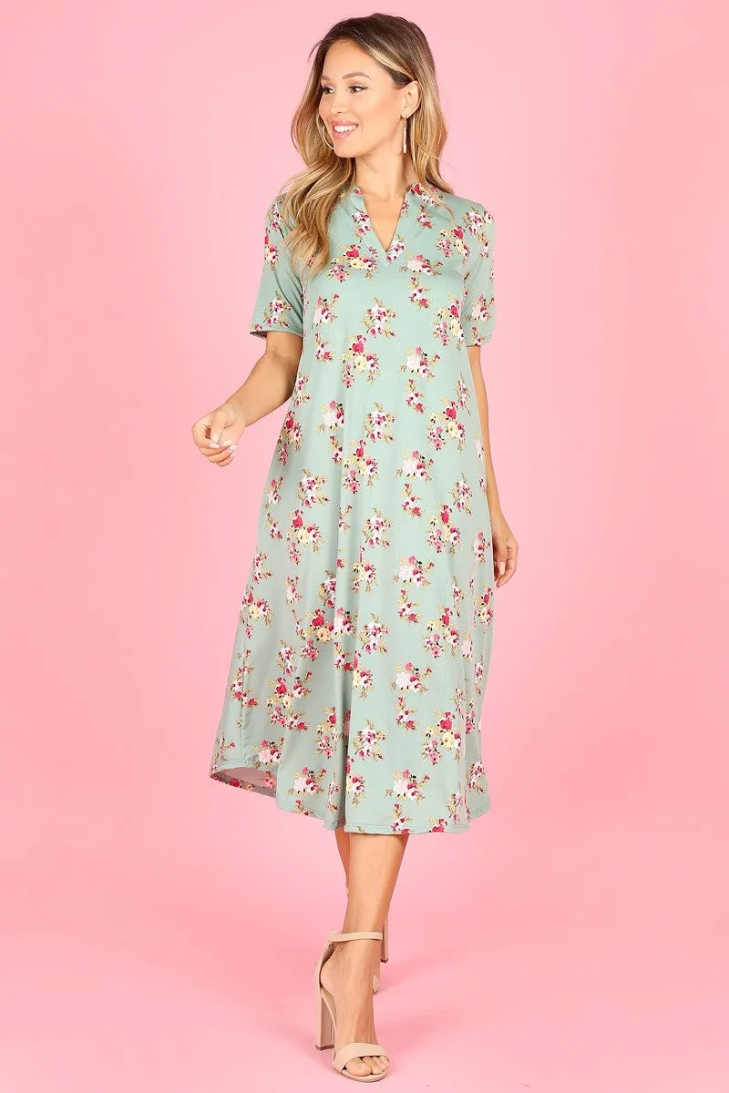 1077 A-line dress, mandarin collar, v-neck, short sleeve, pockets.