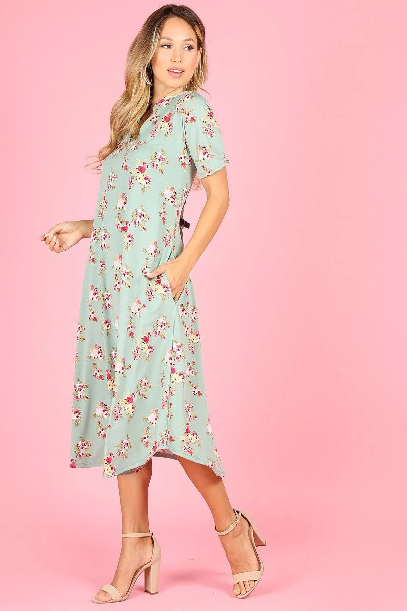 1077 A-line dress, mandarin collar, v-neck, short sleeve, pockets.