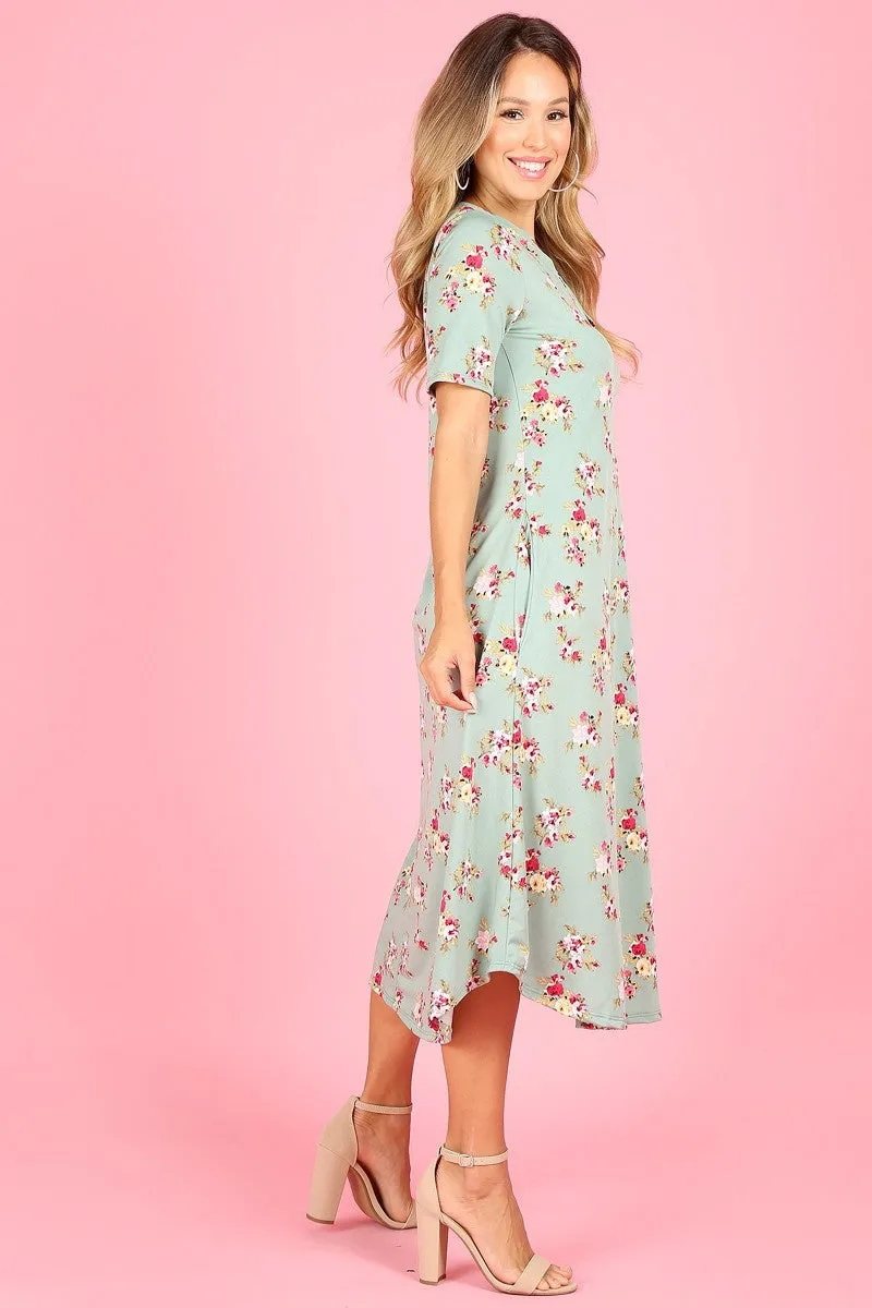 1077 A-line dress, mandarin collar, v-neck, short sleeve, pockets.