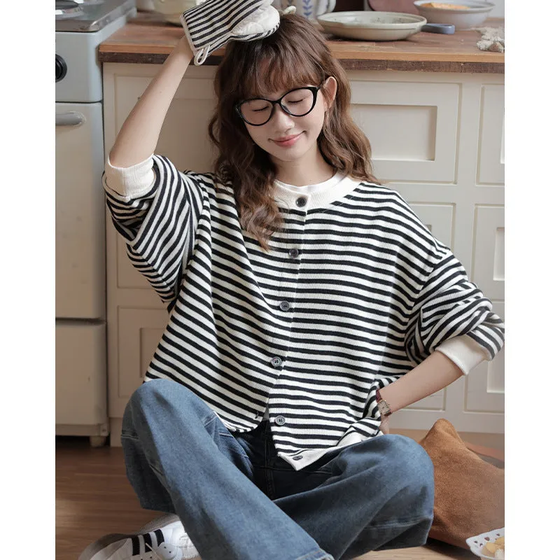 2025 Spring New Korean-Inspired Thin Striped Color-Block Round Neck Cardigan Sweatshirt  Women's Loose-Fit Lightweight Jacket