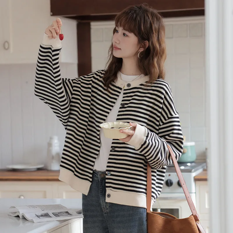 2025 Spring New Korean-Inspired Thin Striped Color-Block Round Neck Cardigan Sweatshirt  Women's Loose-Fit Lightweight Jacket
