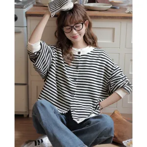 2025 Spring New Korean-Inspired Thin Striped Color-Block Round Neck Cardigan Sweatshirt  Women's Loose-Fit Lightweight Jacket