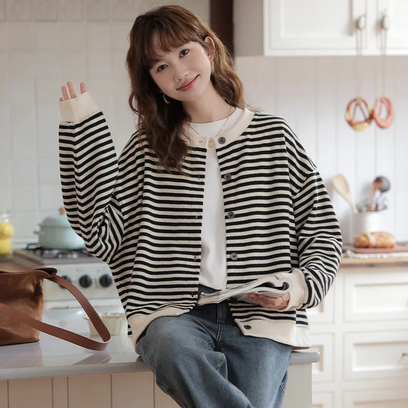 2025 Spring New Korean-Inspired Thin Striped Color-Block Round Neck Cardigan Sweatshirt  Women's Loose-Fit Lightweight Jacket