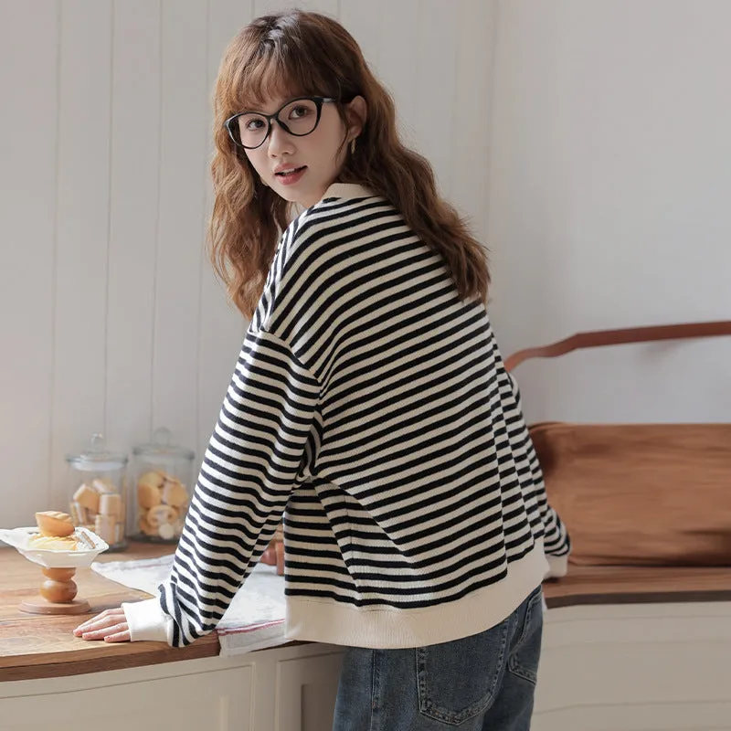 2025 Spring New Korean-Inspired Thin Striped Color-Block Round Neck Cardigan Sweatshirt  Women's Loose-Fit Lightweight Jacket