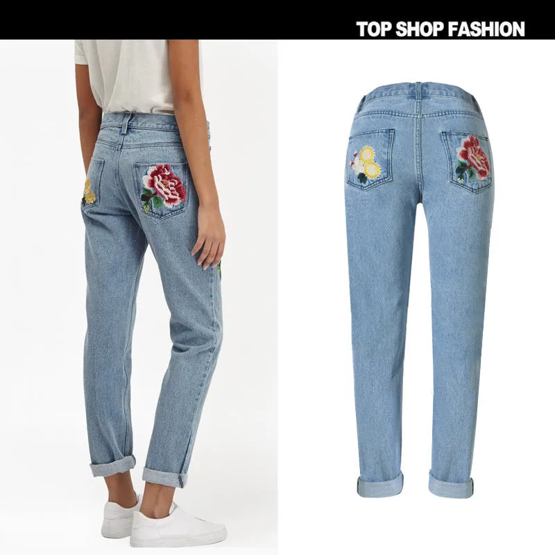 3D Embroidery Flowers Middle Waist Loose Pencil Jeans