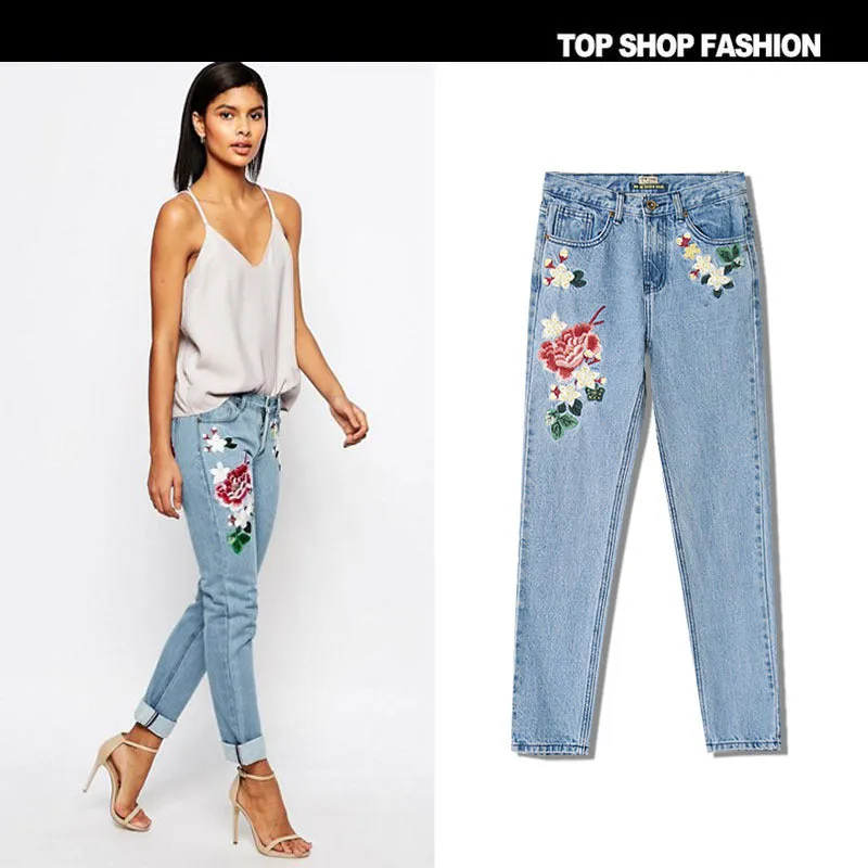 3D Embroidery Flowers Middle Waist Loose Pencil Jeans