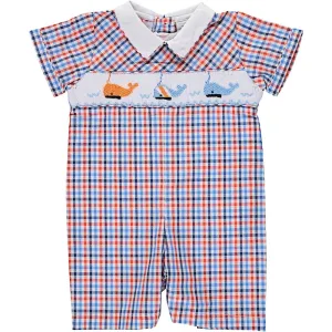 53007-Plaid Shortall w/ Smocked Whales Baby Boy Romper