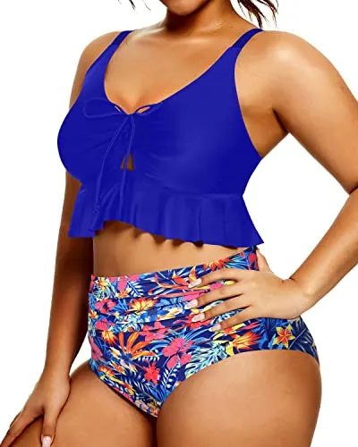 Adjustable Tie-Knot Front High Waisted Bikini Plus Size Swimsuit-Royal Blue Floral