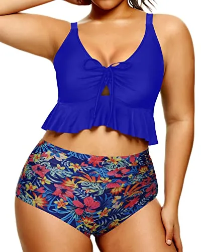 Adjustable Tie-Knot Front High Waisted Bikini Plus Size Swimsuit-Royal Blue Floral