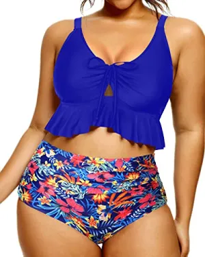 Adjustable Tie-Knot Front High Waisted Bikini Plus Size Swimsuit-Royal Blue Floral