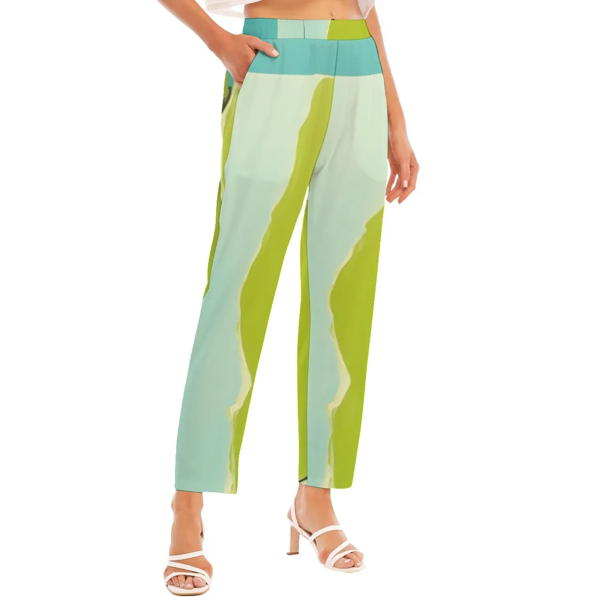 All-Over Print Women's Loose Straight-leg Pants51 lime, green and green and aqua  print