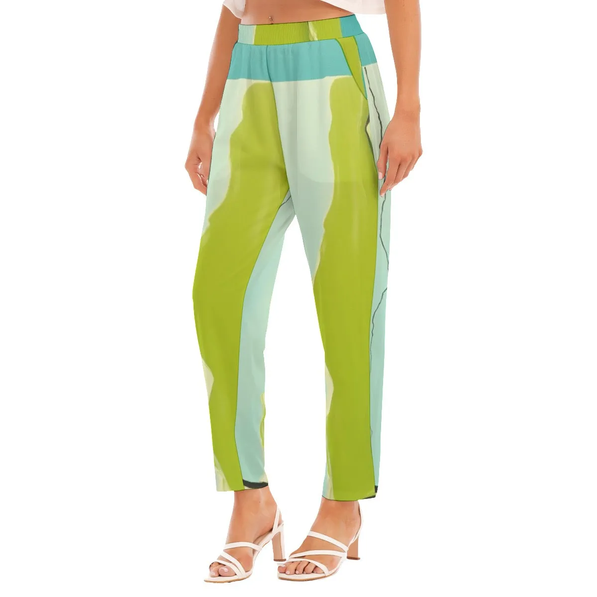 All-Over Print Women's Loose Straight-leg Pants51 lime, green and green and aqua  print