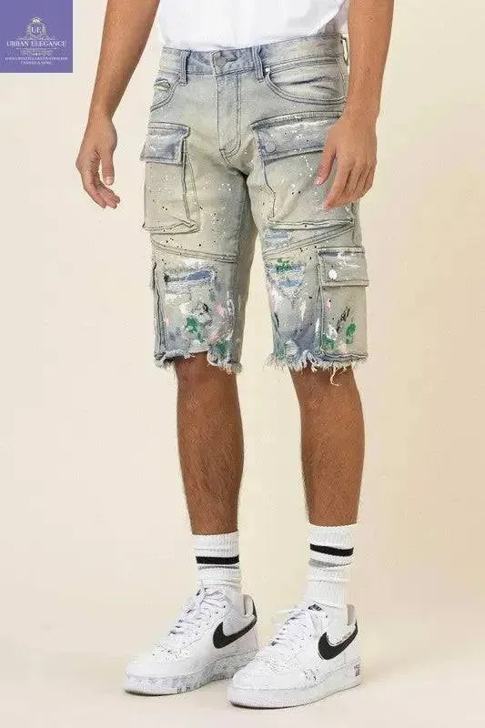 Artistic Hand-Painted Cargo Denim Shorts