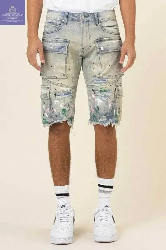 Artistic Hand-Painted Cargo Denim Shorts