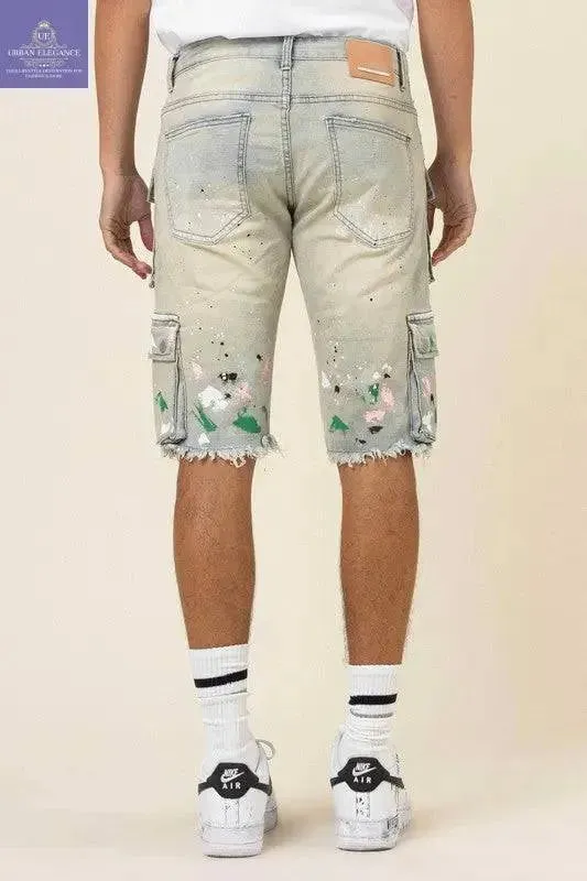 Artistic Hand-Painted Cargo Denim Shorts