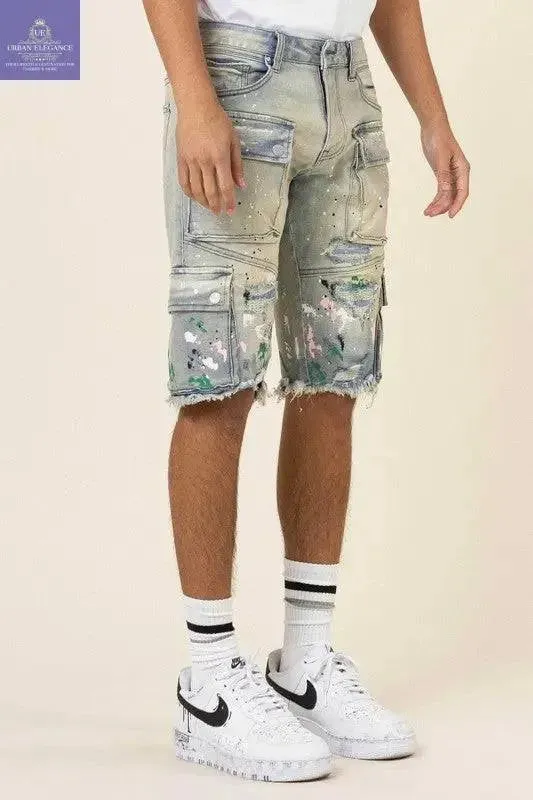 Artistic Hand-Painted Cargo Denim Shorts