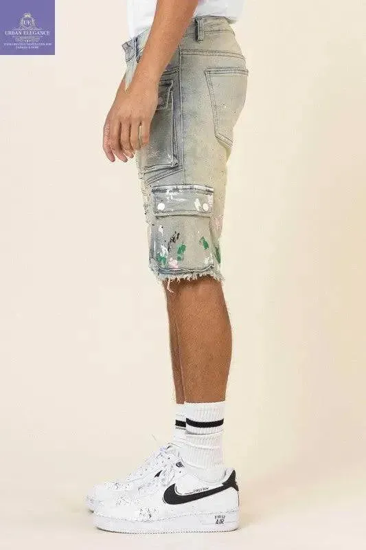 Artistic Hand-Painted Cargo Denim Shorts