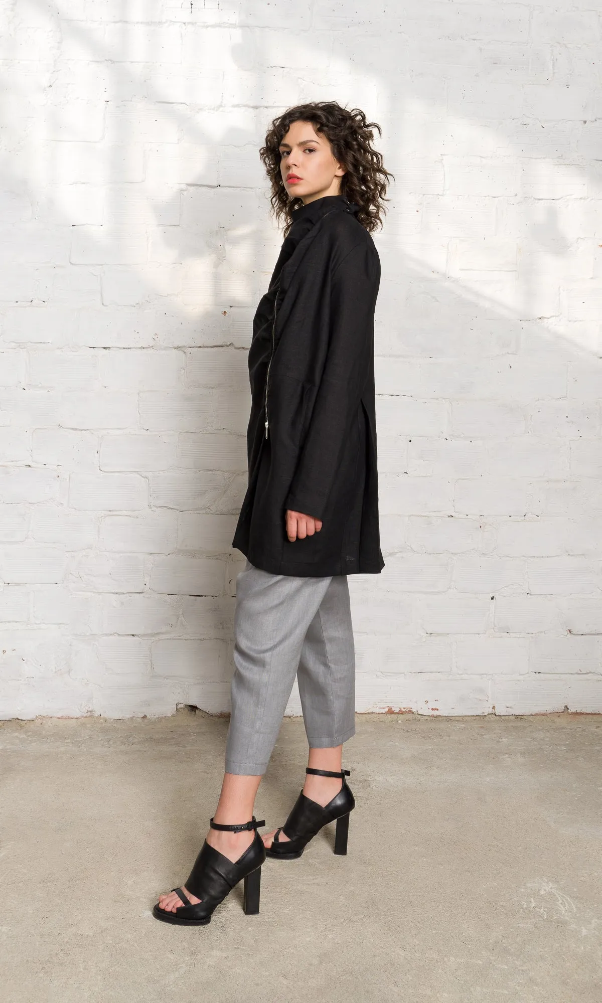 Asymmetric Zipper Closure Linen Jacket