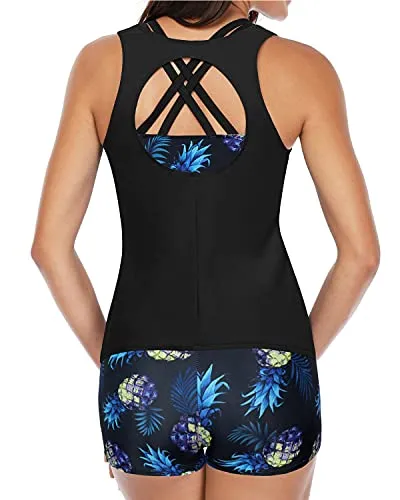 Athletic Tankini Top Boyshort 3 Piece Tankini Swimsuits For Women-Black Pineapple