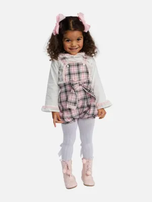 Baby Girl Tartan Romper Set with Bow and Lace-Baby Pink