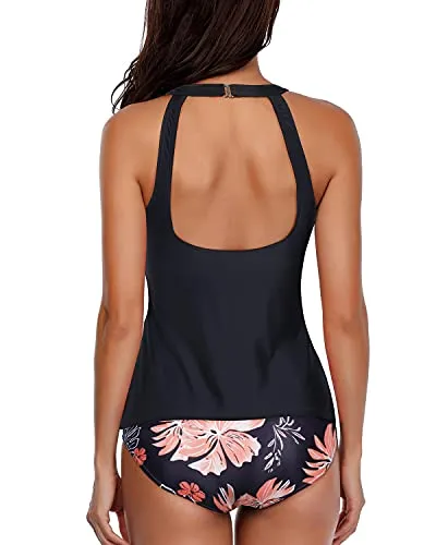 Backless Tankini With Full Coverage Bottom 2 Piece Swimsuit With Shorts-Black Orange Floral