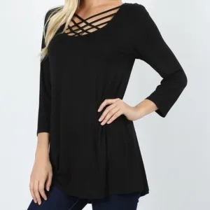 Black 3/4 Sleeve Triple Lattice Front Top
