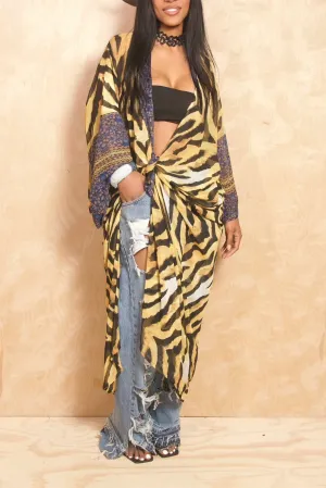 Blue Golden Tiger print Kimono with scarf