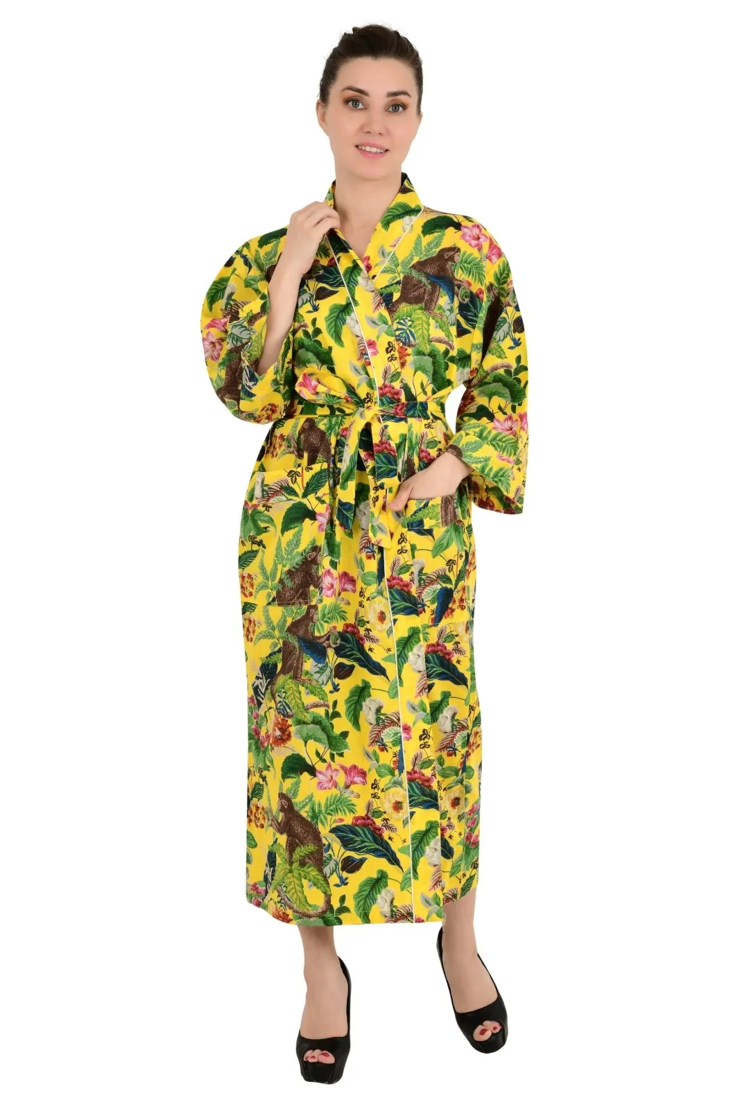 Boho Cotton Kimono House Robe Indian Handprinted Jungle Monkey Print | Lightweight Summer Luxury Beach Holidays Yacht Cover Up Stunning Dress