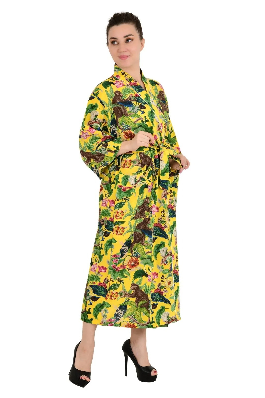 Boho Cotton Kimono House Robe Indian Handprinted Jungle Monkey Print | Lightweight Summer Luxury Beach Holidays Yacht Cover Up Stunning Dress