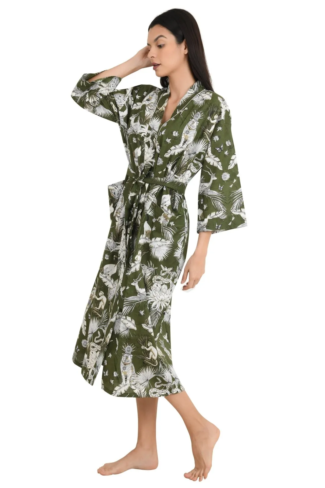 Boho Cotton Kimono House Robe Indian Handprinted Monkey Print Pattern | Lightweight Summer Luxury Beach Holidays Yacht Cover Up Stunning Dress