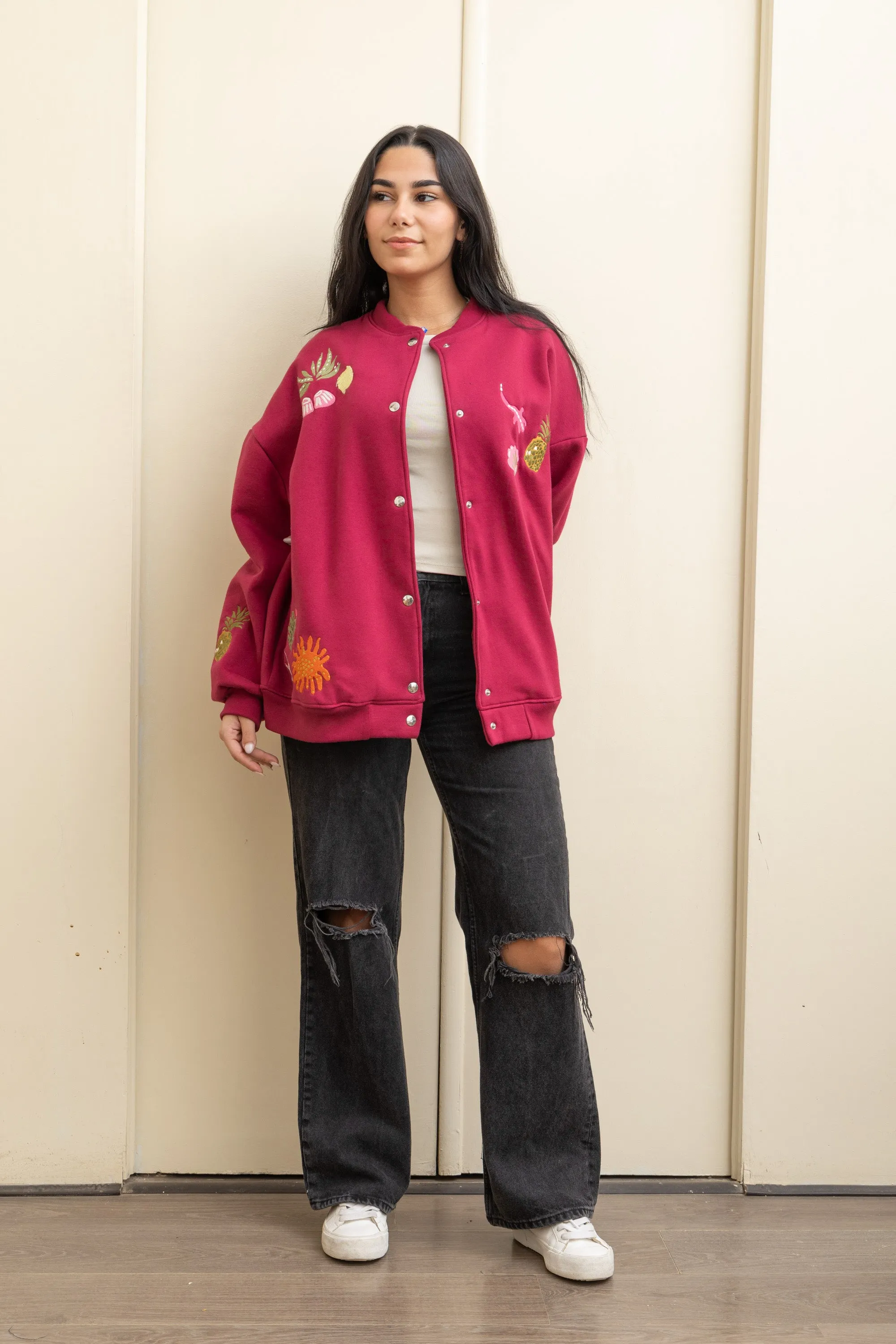 Burgundy  Casual Cool Oversized Cotton Jacket