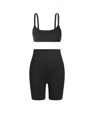 Cami Sports Fitness Bra & Wide Band High Waist Active Workout Shorts Legging In Black