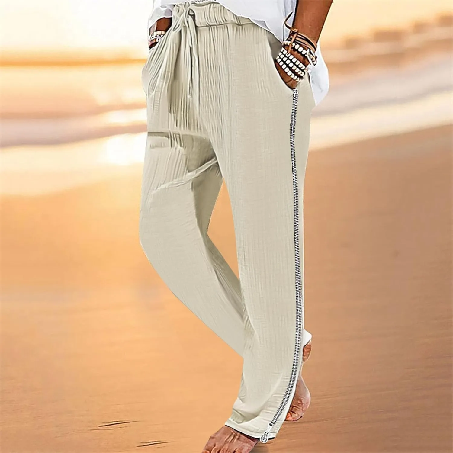 Casual Pants for Mens Linen Pants Drawstring Beach Trousers Relaxed-Fit Yoga Pants Summer Elastic Waist Pants
