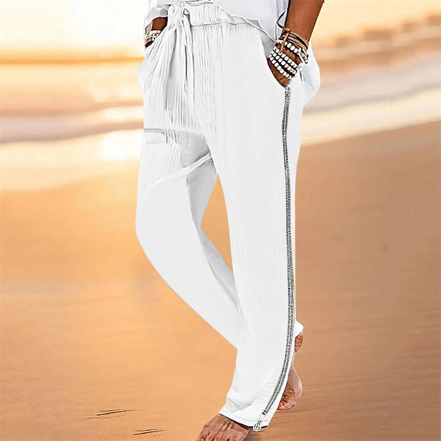 Casual Pants for Mens Linen Pants Drawstring Beach Trousers Relaxed-Fit Yoga Pants Summer Elastic Waist Pants