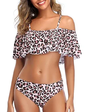 Chic Off The Shoulder Ruffle Bikini Set Low Rise Bottoms-Pink And Leopard