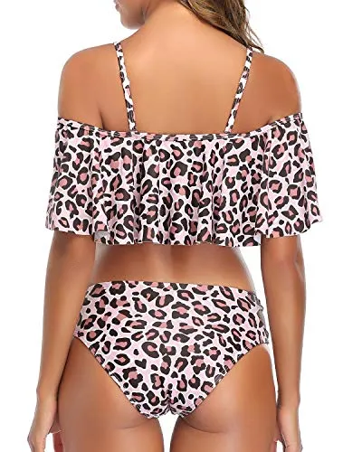 Chic Off The Shoulder Ruffle Bikini Set Low Rise Bottoms-Pink And Leopard