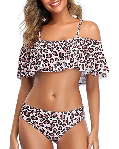 Chic Off The Shoulder Ruffle Bikini Set Low Rise Bottoms-Pink And Leopard
