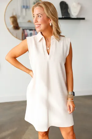 Collared V Neck Dress - Ecru