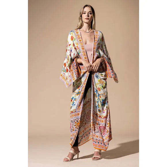Colorful Vibrant Delphi Floral Paisley Open Wrap Duster Kimono Top One Size