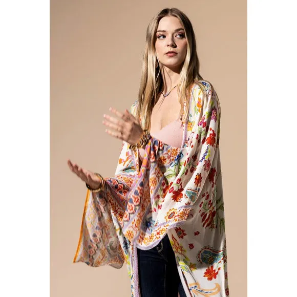 Colorful Vibrant Delphi Floral Paisley Open Wrap Duster Kimono Top One Size