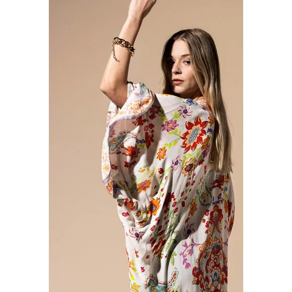Colorful Vibrant Delphi Floral Paisley Open Wrap Duster Kimono Top One Size