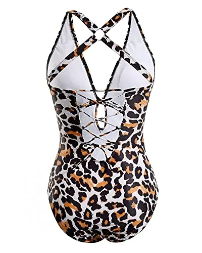 Criss Cross Ruched One Piece Swimsuits Deep V Neck Keyhole Bathing Suits-Leopard