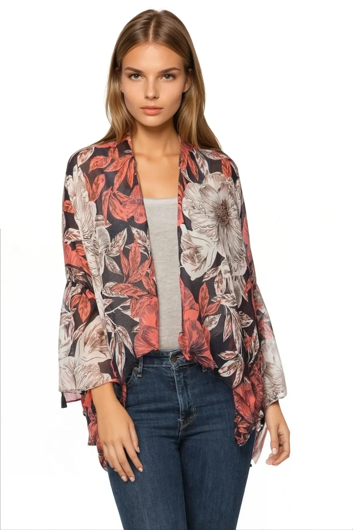 Cropped Bell Sleeve Kimono Coverup in Assorted Prints