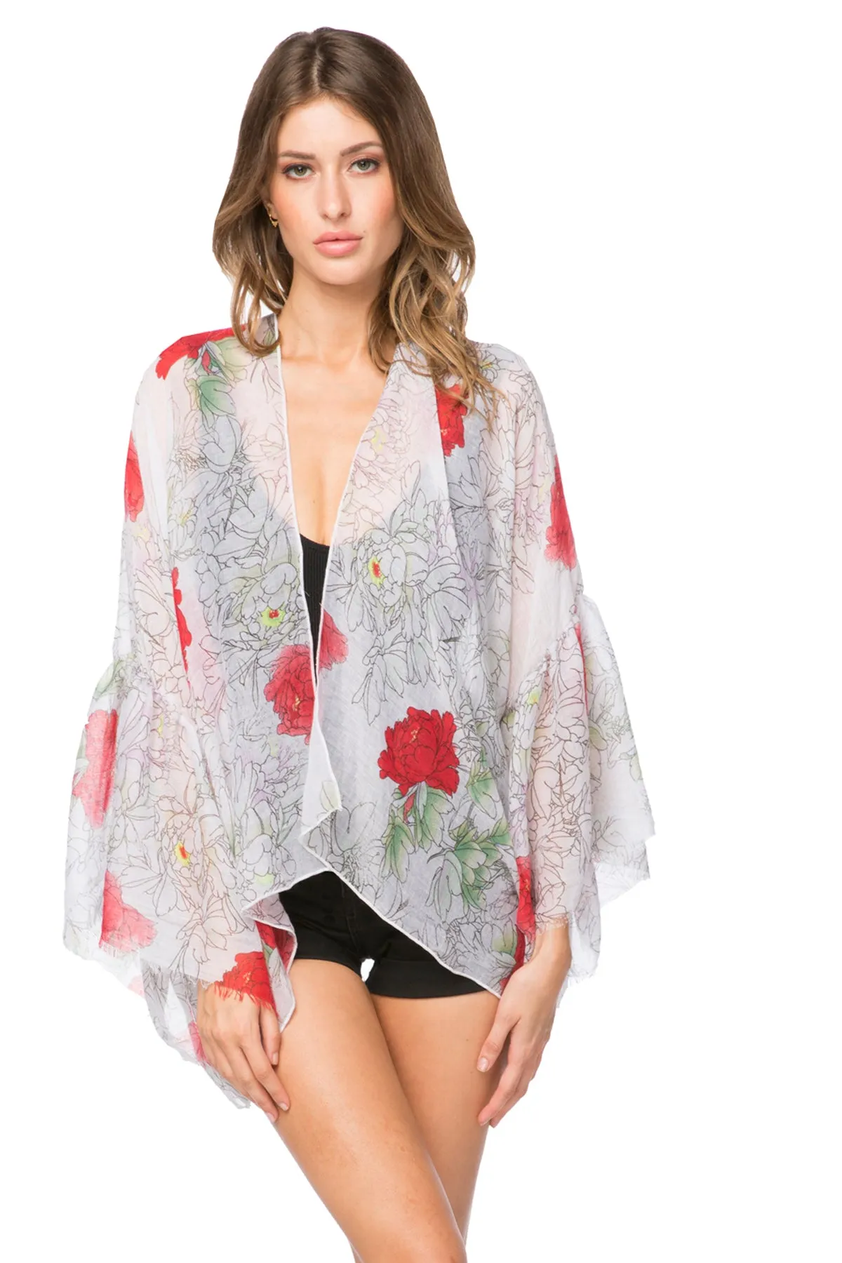 Cropped Bell Sleeve Kimono Coverup in Assorted Prints