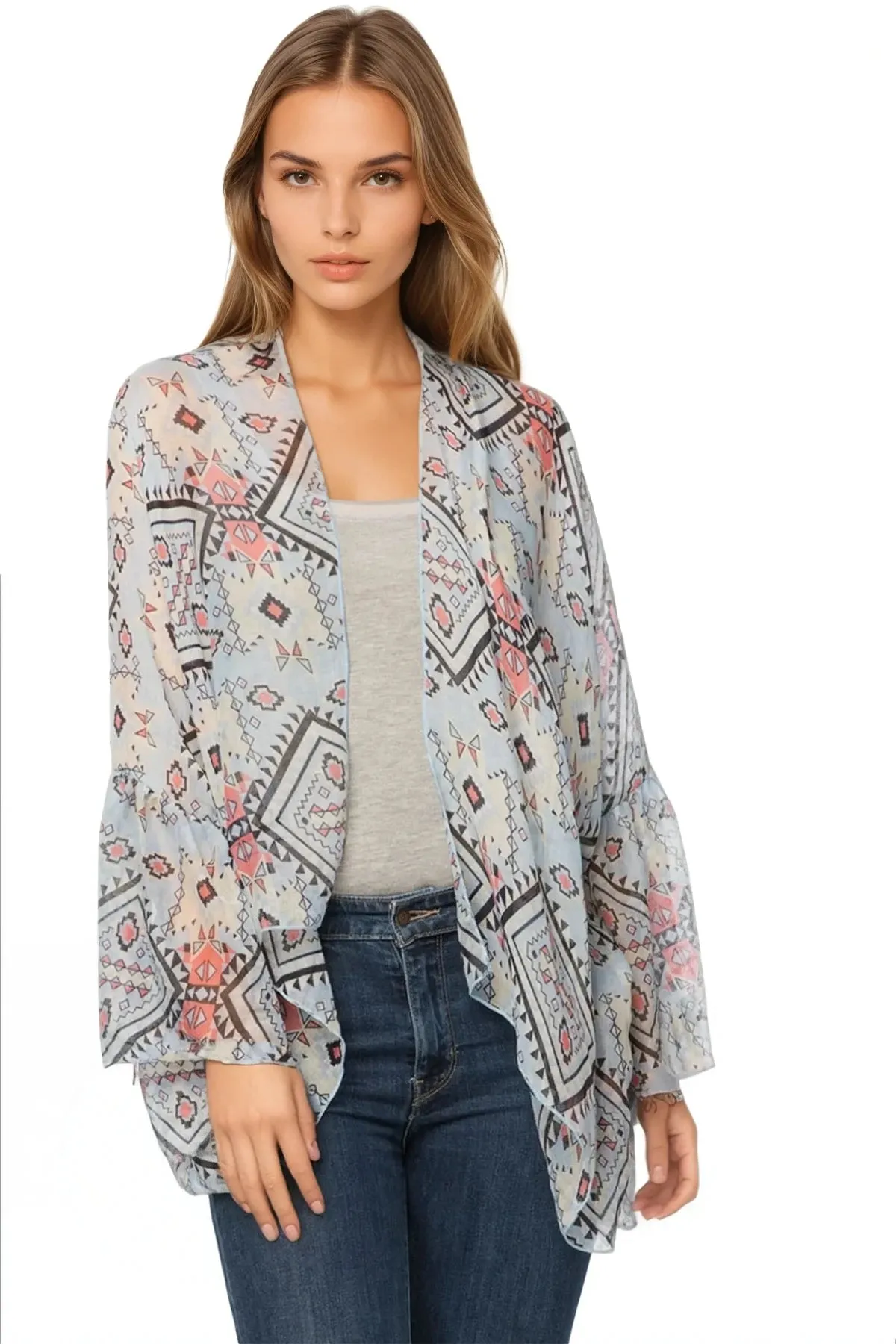 Cropped Bell Sleeve Kimono Coverup in Assorted Prints