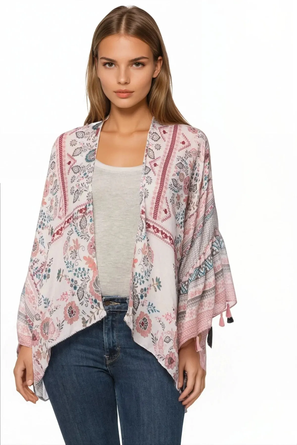 Cropped Bell Sleeve Kimono Coverup in Assorted Prints