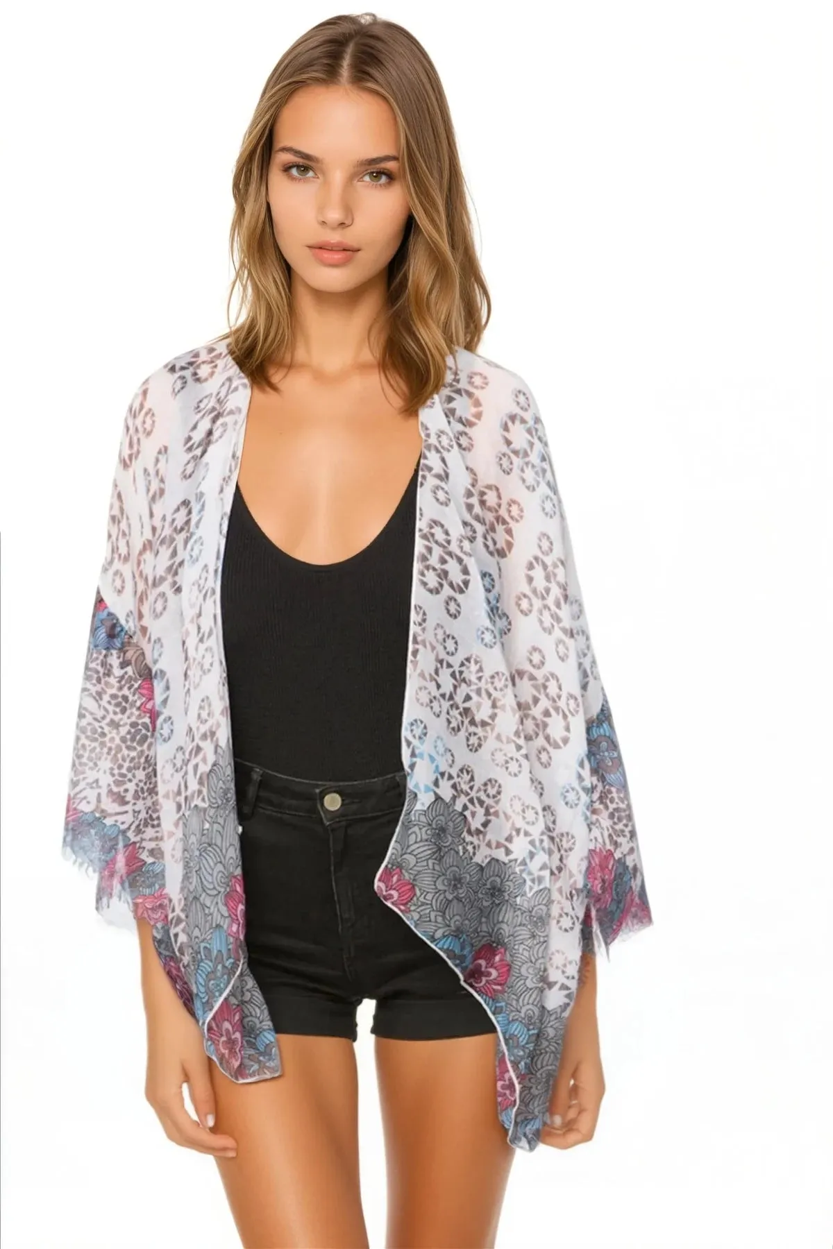 Cropped Bell Sleeve Kimono Coverup in Assorted Prints