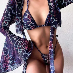 Dark Leopard Print Triangle String Bikini Bathing Suit and Smock Coverup